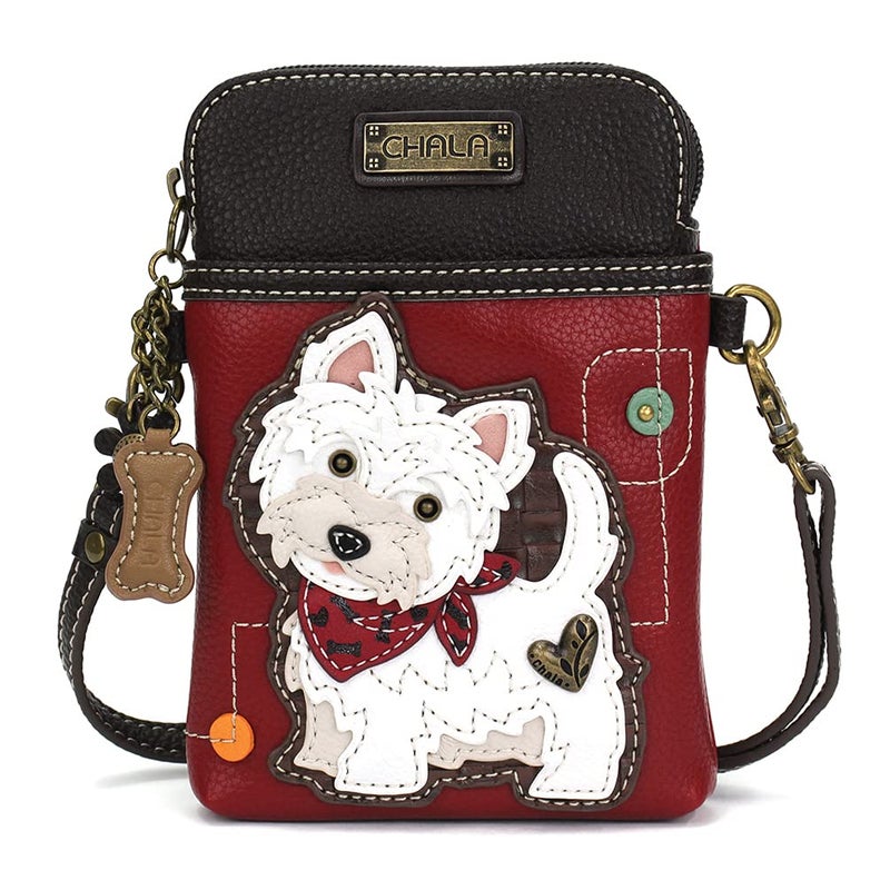 CHALA Dog Collection Cell Phone Crossbody Purse-Women PU Leather/Canvas Multicolor Handbag with Adjustable Strap - Westie - burgundy - Image 1