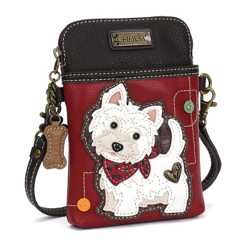 CHALA Dog Collection Cell Phone Crossbody Purse-Women PU Leather/Canvas Multicolor Handbag with Adjustable Strap - Westie - burgundy - Image 2