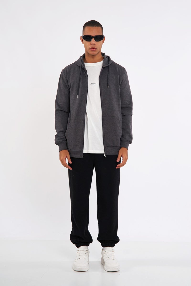 Comeor Anthracite Kangaroo Pocket Hooded Zippered Cotton Inside Men's Sweatshirt - Image 1
