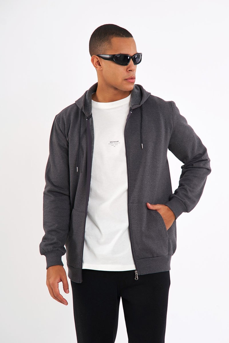 Comeor Anthracite Kangaroo Pocket Hooded Zippered Cotton Inside Men's Sweatshirt - Image 4