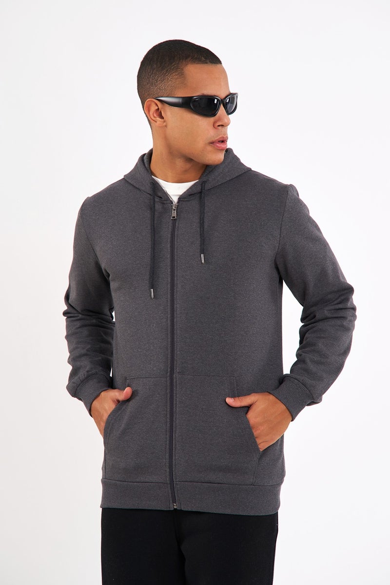 Comeor Anthracite Kangaroo Pocket Hooded Zippered Cotton Inside Men's Sweatshirt - Image 5
