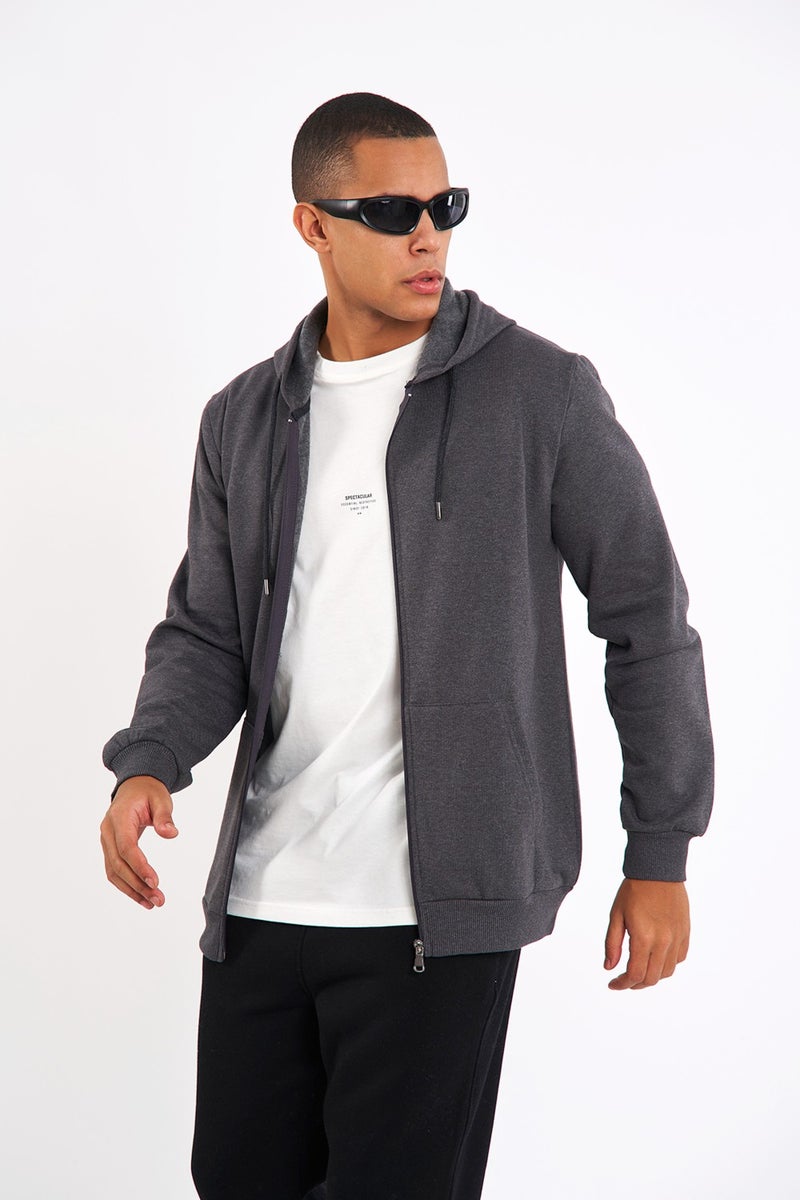 Comeor Anthracite Kangaroo Pocket Hooded Zippered Cotton Inside Men's Sweatshirt - Image 3