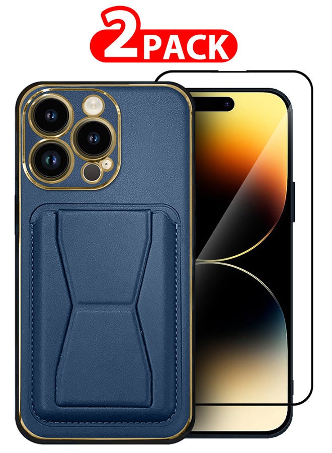 CATANES 2 Packs For iPhone 14 Pro Case Cover and Screen Protector Kickstand And Wallet Case Blue - Image 1