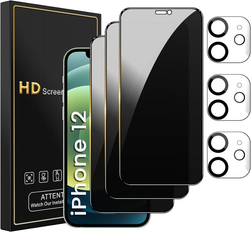 Romkasi 3 Pack Privacy Screen Protector for iPhone 12 6.1 Inch with 3 Pack Camera Lens Protector, Anti Spy Tempered Glass Film, Anti-Scratch, Touch Sensitive, Case Friendly - Image 1