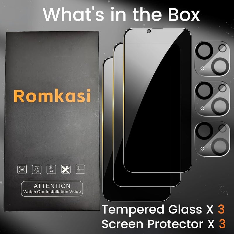 Romkasi 3 Pack Privacy Screen Protector for iPhone 12 6.1 Inch with 3 Pack Camera Lens Protector, Anti Spy Tempered Glass Film, Anti-Scratch, Touch Sensitive, Case Friendly - Image 2