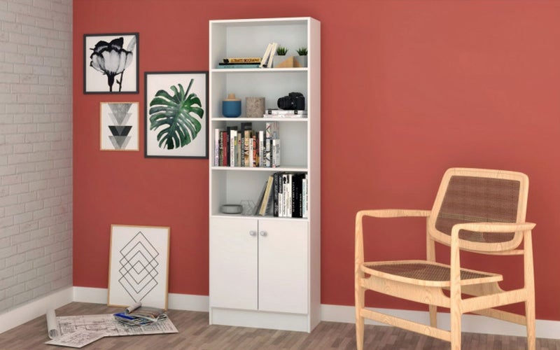 فرنتشر ستور مكتبة مودرن ، ارتفاع 180 سم - عرض 62 سم - عمق 28 سم - تصميم بسيط و مودرن ، مصنوعة من ال MDF عالي الجودة مع طبقة ملامين خارجية من اللون الأبيض المطفي، من فرنتشر ستور. - Image 1