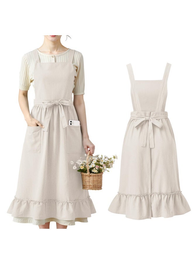 Women's 100% Cotton Vintage Apron, Ruffle Hem, Waist Bow, 2 Pockets, Kitchen Cooking Pinafore - Image 1