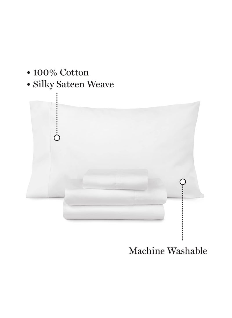 MARTHA STEWART 100% Cotton Queen Sheet Set - 4 Piece  Soft  Smooth  Durable  Easy Care  16"" Deep Pocket Sheets  Bedding Sheets  Sateen Sheet  1 Flat  1 Fitted  2 Pillowcases  White