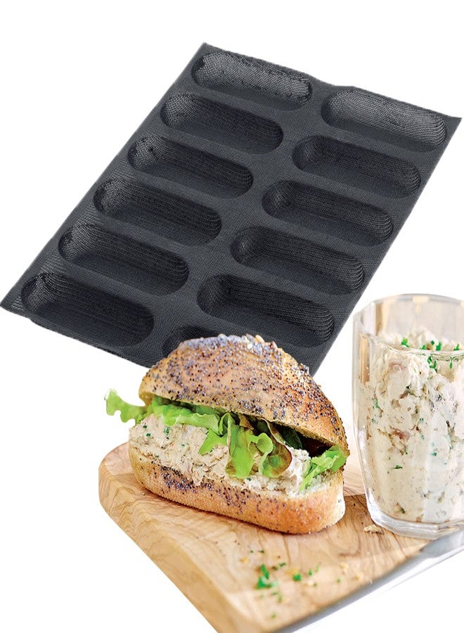 FETESUR Silicone Perforated Bread Mold for Baking, 12 Individual Oblong Baking Forms, Hot Dog Bun Mold, Silicone Molds for Making Crispy Bread Rolls, Eclairs and Milk Breads - Image 1
