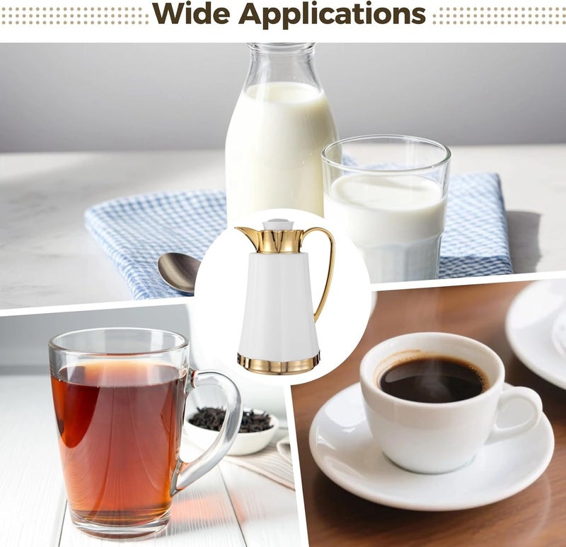Thermal Coffee Carafe, 33.82 Fl Oz Insulated Vacuum Flask, Double-Walled, Arabic-Style Coffee Pot, Wide Mouth, No Drip, White & Gold for Housewarming Decorations - Image 5