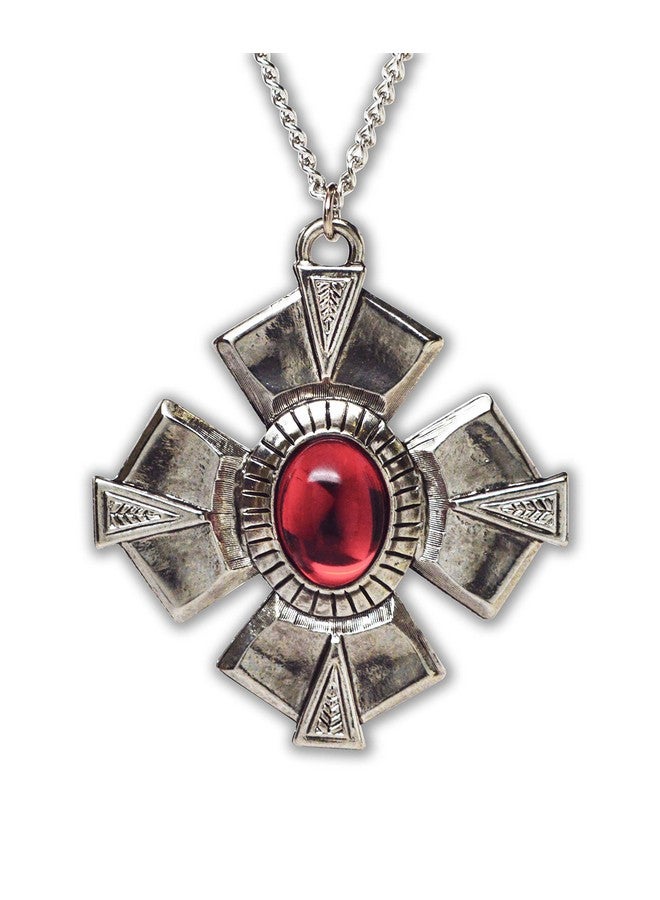 Real Metal Medallion With Red Cabochon Medieval Renaissance Silver Finish Pendant Necklace - Image 1