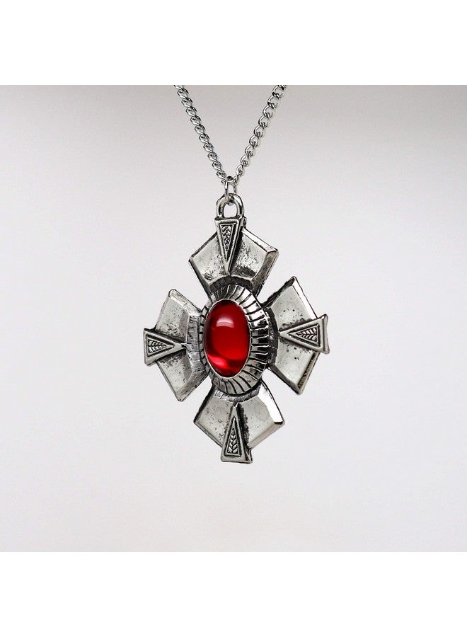 Real Metal Medallion With Red Cabochon Medieval Renaissance Silver Finish Pendant Necklace - Image 4