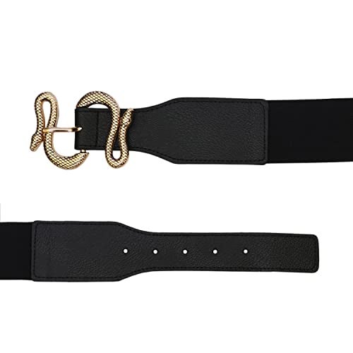REDHORNS Snake Buckle Design Elastic Fabric Waist Belt for Women Dresses Wide Ladies Belt for Saree Girls Jeans - (LD125A-GLD_Black/Gold Buckle) - Image 5