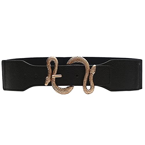 REDHORNS Snake Buckle Design Elastic Fabric Waist Belt for Women Dresses Wide Ladies Belt for Saree Girls Jeans - (LD125A-GLD_Black/Gold Buckle) - Image 1