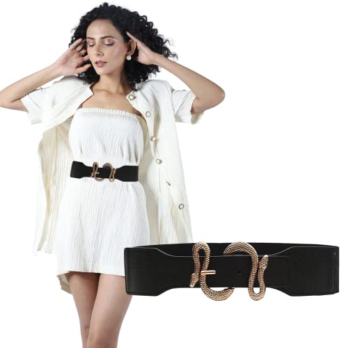 REDHORNS Snake Buckle Design Elastic Fabric Waist Belt for Women Dresses Wide Ladies Belt for Saree Girls Jeans - (LD125A-GLD_Black/Gold Buckle) - Image 4