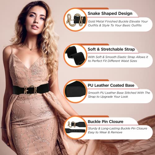 REDHORNS Snake Buckle Design Elastic Fabric Waist Belt for Women Dresses Wide Ladies Belt for Saree Girls Jeans - (LD125A-GLD_Black/Gold Buckle) - Image 2