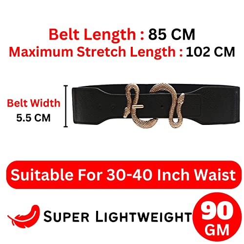 REDHORNS Snake Buckle Design Elastic Fabric Waist Belt for Women Dresses Wide Ladies Belt for Saree Girls Jeans - (LD125A-GLD_Black/Gold Buckle) - Image 3