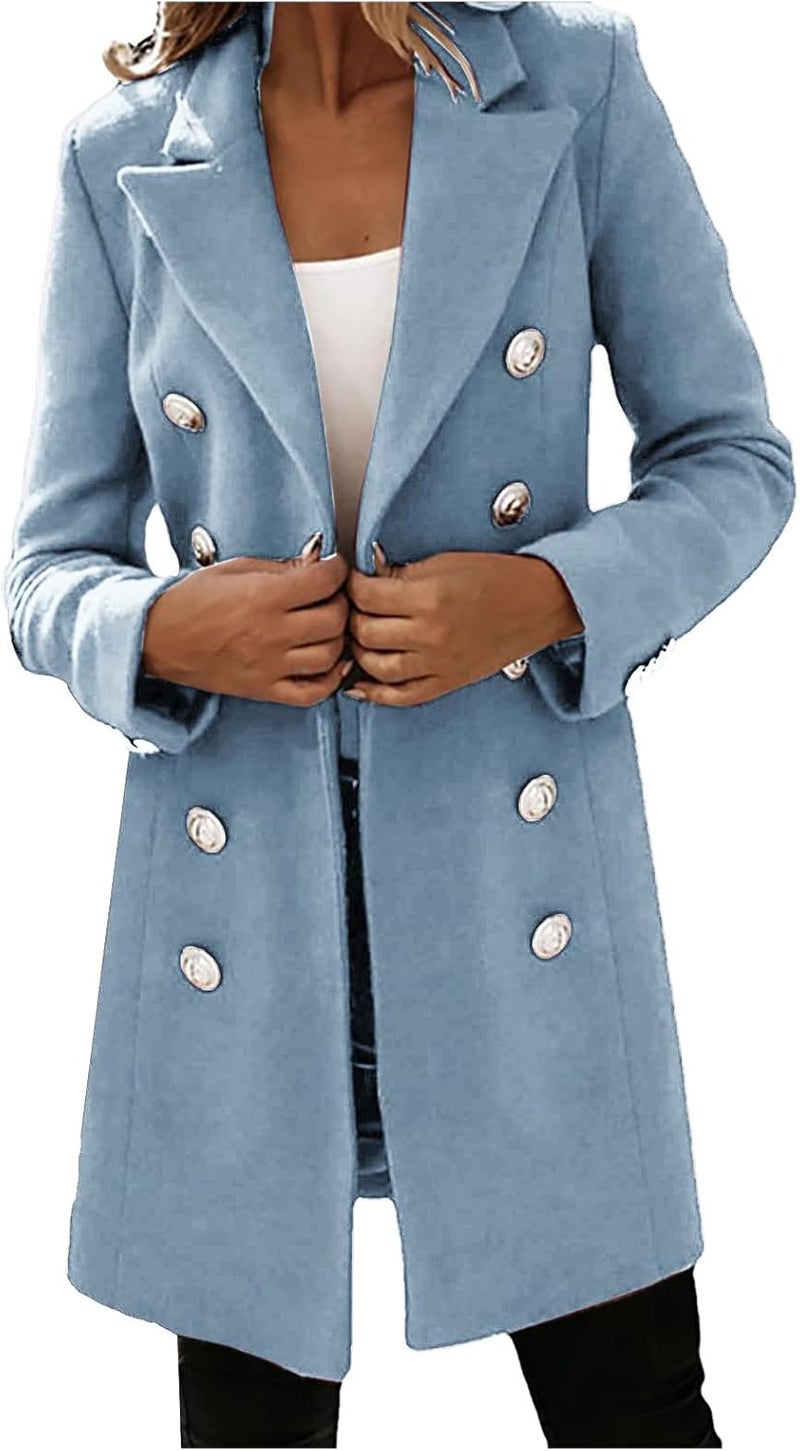 woobles Women's Faux Wool Notch Lapel Double Breasted Trench Belted Mid Long Outwear Winter Coat Slim Long Pea Coat Overcoat Light Blue - Image 1