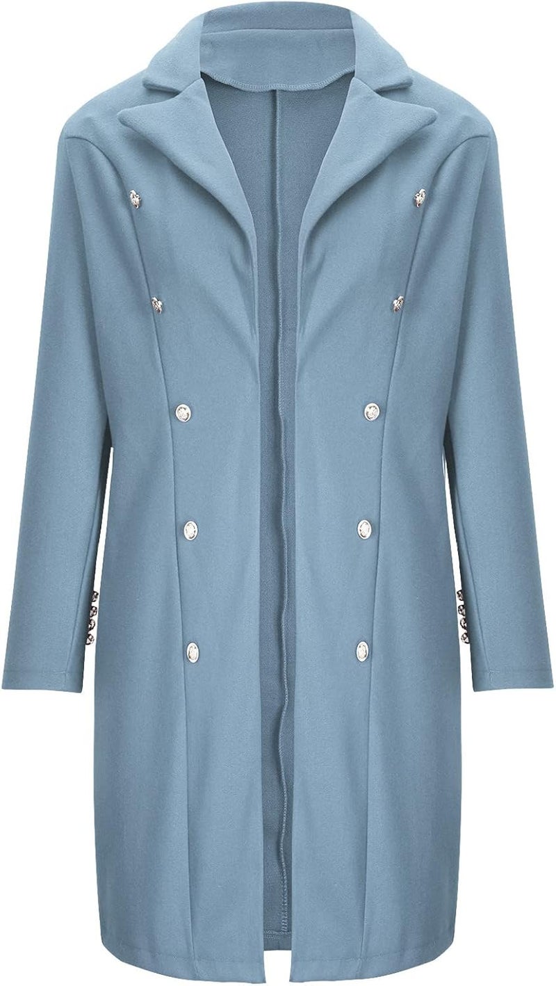 woobles Women's Faux Wool Notch Lapel Double Breasted Trench Belted Mid Long Outwear Winter Coat Slim Long Pea Coat Overcoat Light Blue - Image 5