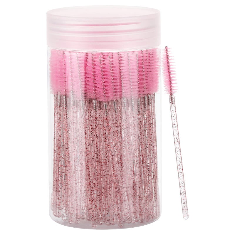 Tbestmax 100 Pcs Disposable Mascara Wands, Lash Brushes with Container, Crystal Eyebrow Spoolies Brush for Eyelash Extensions (Pink, Hotpink) - Image 1