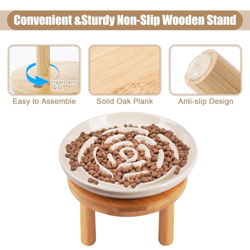 Lfpkixise Elevated Slow Feeder Cat Bowls, Ceramic Cat Slow Feeder Bowl with Bamboo Stand, 5.9 Inch Wide Shallow Cats Bowl Whisker Friendly, Anti Vomiting Puzzle Feeder for Dry or Wet Food Dishwasher Safe - Image 2