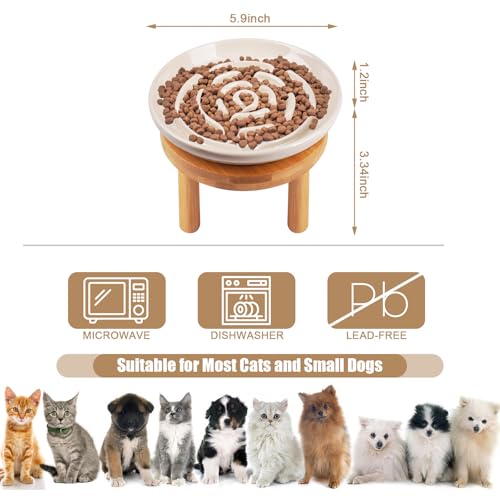 Lfpkixise Elevated Slow Feeder Cat Bowls, Ceramic Cat Slow Feeder Bowl with Bamboo Stand, 5.9 Inch Wide Shallow Cats Bowl Whisker Friendly, Anti Vomiting Puzzle Feeder for Dry or Wet Food Dishwasher Safe - Image 3