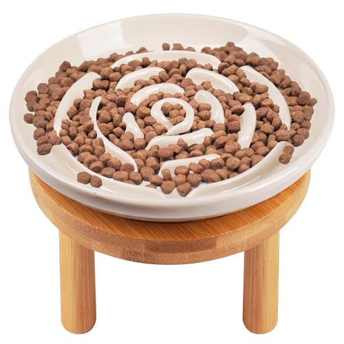 Lfpkixise Elevated Slow Feeder Cat Bowls, Ceramic Cat Slow Feeder Bowl with Bamboo Stand, 5.9 Inch Wide Shallow Cats Bowl Whisker Friendly, Anti Vomiting Puzzle Feeder for Dry or Wet Food Dishwasher Safe - Image 1