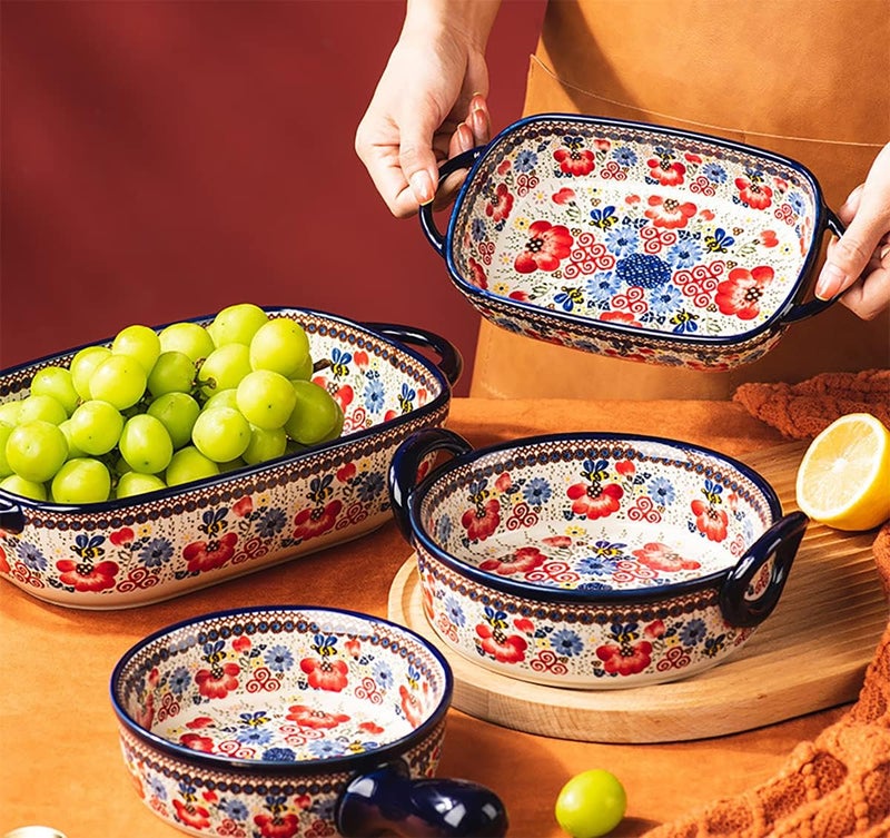 Bicuzat Vintage Style Ceramic Lasagna Dish with Handles for Oven/Kitchen/Cooking - 1 Piece - Red Flowers - 623.7 g - Image 4