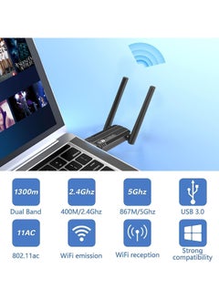 FLOWING Wireless USB WiFi Adapter, 2.4/5Ghz Wireless Network External Receiver, Driver Free 1300Mbps Dual Band WiFi Dongle, Supporting Windows 11/10/8.1/8/7/XP  - Image 2