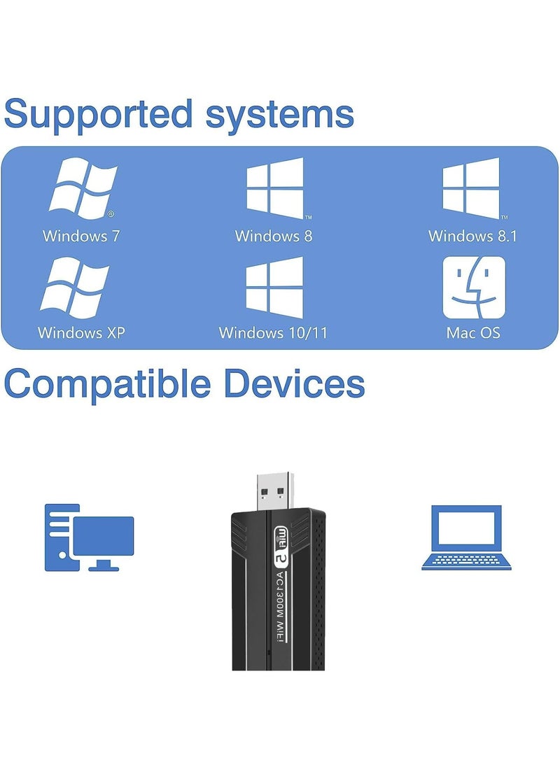 FLOWING - Wireless USB WiFi Adapter, 2.4/5Ghz Wireless Network External Receiver, Driver Free 1300Mbps Dual Band WiFi Dongle, Supporting Windows 11/10/8.1/8/7/XP - Image 1