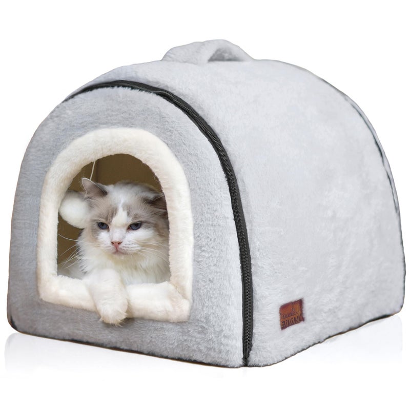 OMIVIER Cat Bed for Indoor Catsï¼ŒFoldable cat caveï¼ŒAnti-Slip & Water-Resistant Bottomï¼Œcat Houses for Indoor Cats or Small Dogs, Kitten Tent, Rabbit Bedï¼Œ2 in 1 pet Bed (Grey) - Image 1