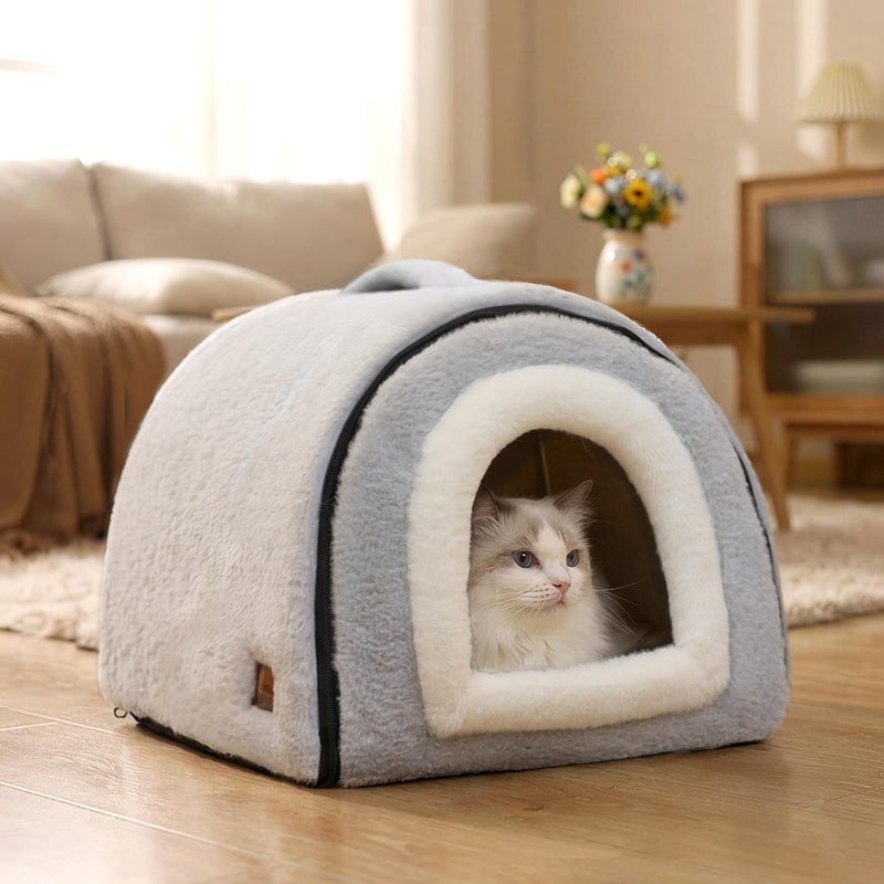 OMIVIER Cat Bed for Indoor Catsï¼ŒFoldable cat caveï¼ŒAnti-Slip & Water-Resistant Bottomï¼Œcat Houses for Indoor Cats or Small Dogs, Kitten Tent, Rabbit Bedï¼Œ2 in 1 pet Bed (Grey) - Image 2
