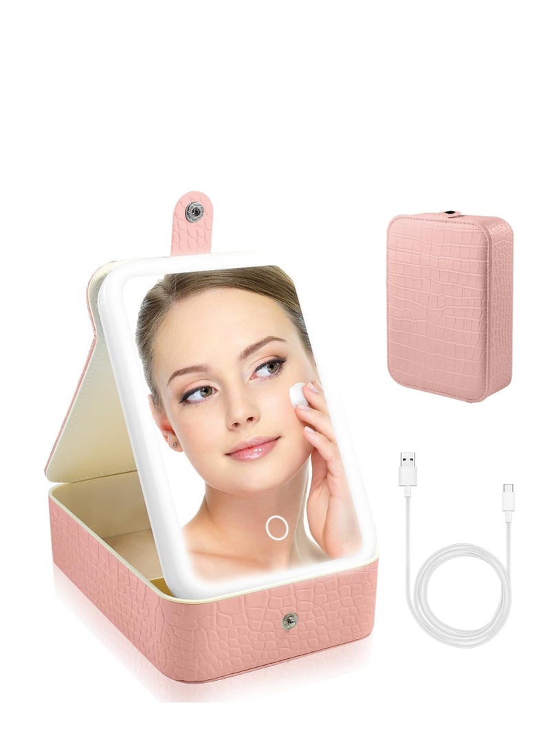 Plan A - Portable Travel Makeup Case with LED Lighted Mirror 3 Adjustable Light Settings Cosmetic Jewelry Organizer for Women, Practical and Stylish Design, Perfect for On-the-Go and Travel (Pink) - Image 1