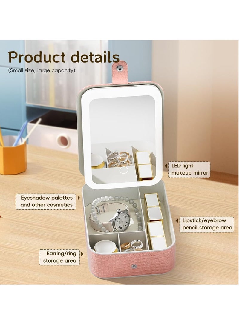 Plan A - Portable Travel Makeup Case with LED Lighted Mirror 3 Adjustable Light Settings Cosmetic Jewelry Organizer for Women, Practical and Stylish Design, Perfect for On-the-Go and Travel (Pink) - Image 1