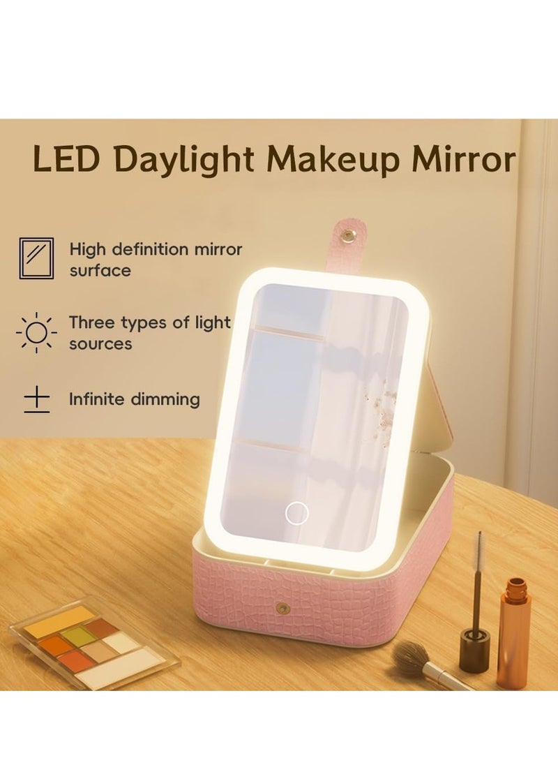 Plan A - Portable Travel Makeup Case with LED Lighted Mirror 3 Adjustable Light Settings Cosmetic Jewelry Organizer for Women, Practical and Stylish Design, Perfect for On-the-Go and Travel (Pink) - Image 1