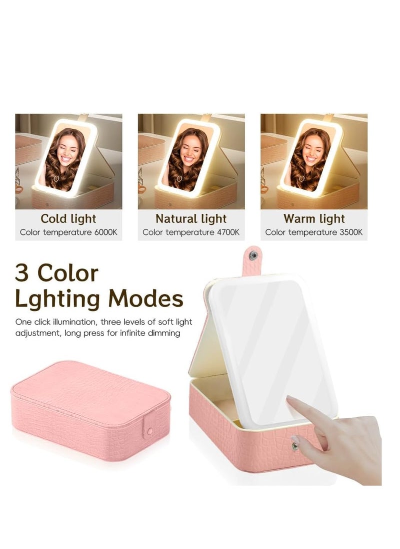 Plan A - Portable Travel Makeup Case with LED Lighted Mirror 3 Adjustable Light Settings Cosmetic Jewelry Organizer for Women, Practical and Stylish Design, Perfect for On-the-Go and Travel (Pink) - Image 1