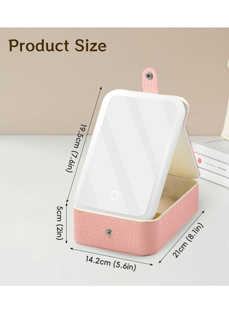 Plan A - Portable Travel Makeup Case with LED Lighted Mirror 3 Adjustable Light Settings Cosmetic Jewelry Organizer for Women, Practical and Stylish Design, Perfect for On-the-Go and Travel (Pink) - Image 1