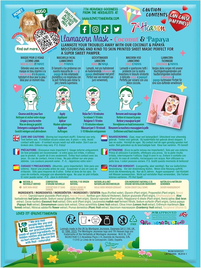 7th Heaven قناع وجه ورقة لاماكورن من 7th Heaven للعناية بالبشرة للأطفال بعمر 8 سنوات مزيج خيالي من اللاما واليونicorn مع قناع ورقة جوز الهند والبابايا لتهدئة وترطيب وتغذية البشرة - Image 2
