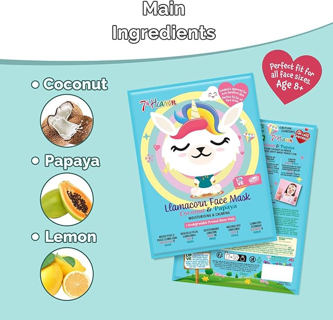 7th Heaven قناع وجه ورقة لاماكورن من 7th Heaven للعناية بالبشرة للأطفال بعمر 8 سنوات مزيج خيالي من اللاما واليونicorn مع قناع ورقة جوز الهند والبابايا لتهدئة وترطيب وتغذية البشرة - Image 3