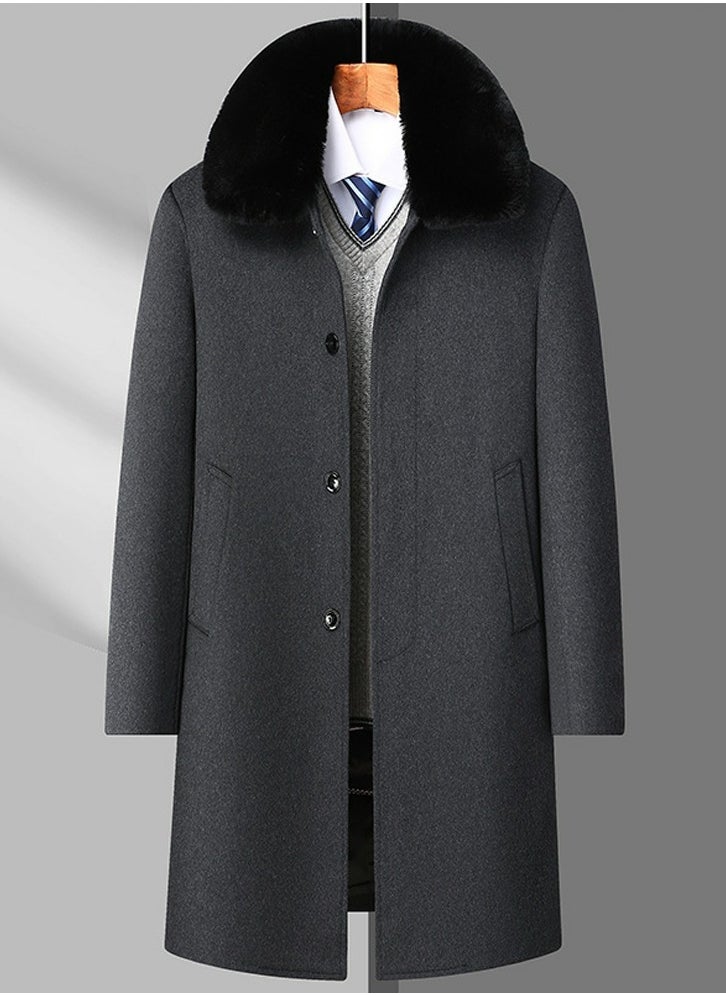 Loquat - Men's Woolen Casual Coat Slim Fit Long Jacket Overcoat With Detachable Down Inner Linning And Fur Collar Gray - Image 1