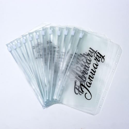 XiowDow Frosted Money Saving Envelopes A6 Binder Pockets 12 Months Labeled Cash Envelopes for Budgeting PVC Money Organizer Monthly Cash Stuffing Zipper Pouch for Challenge Budget Wallet - Image 2