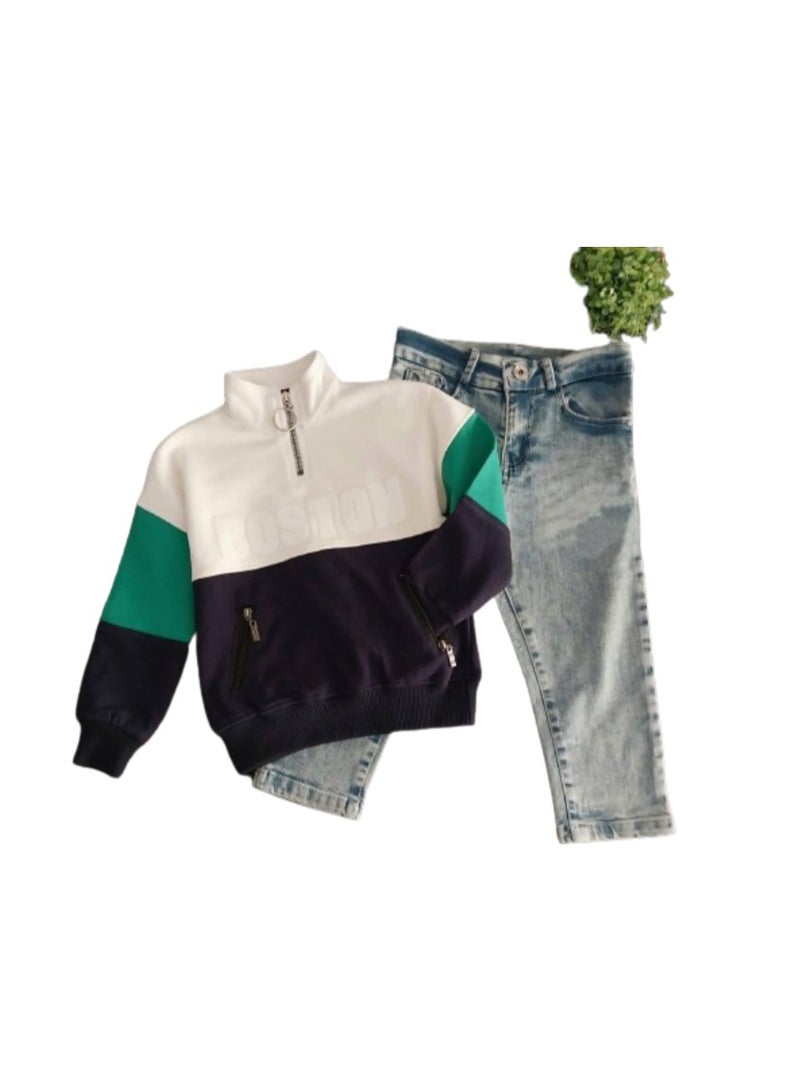 Boys' set of navy blue and white T-shirt and jeans  - Image 3