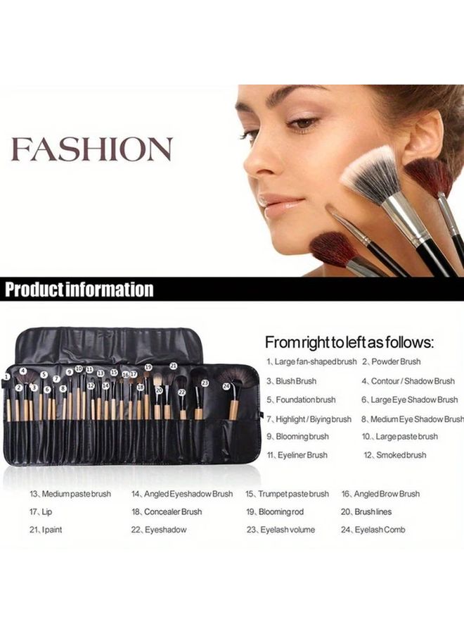24 Piece Professional Makeup Brush Set With Bag Soft Synthetic Bristles Black - Image 5