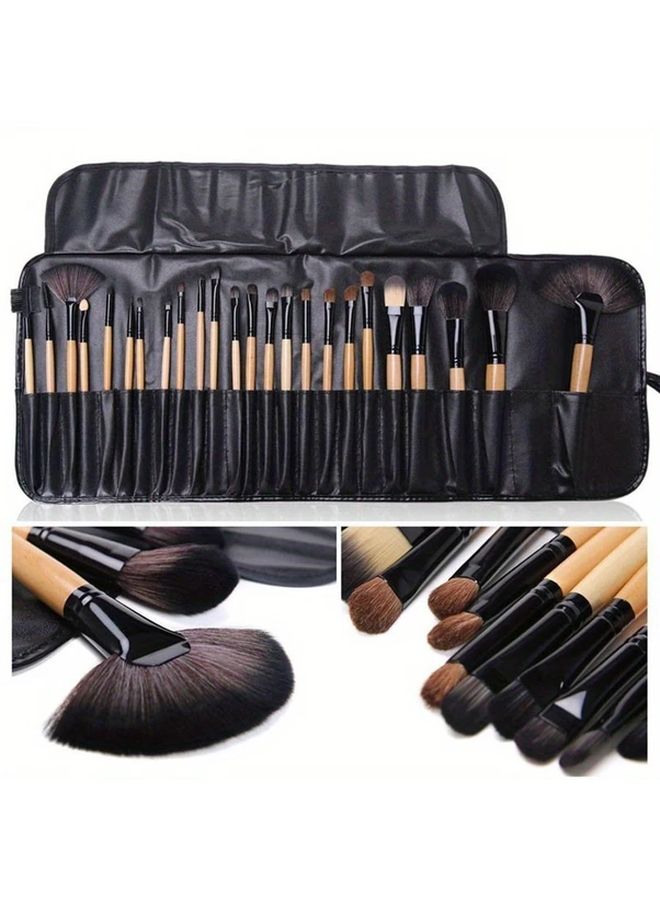 24 Piece Professional Makeup Brush Set With Bag Soft Synthetic Bristles Black - Image 1