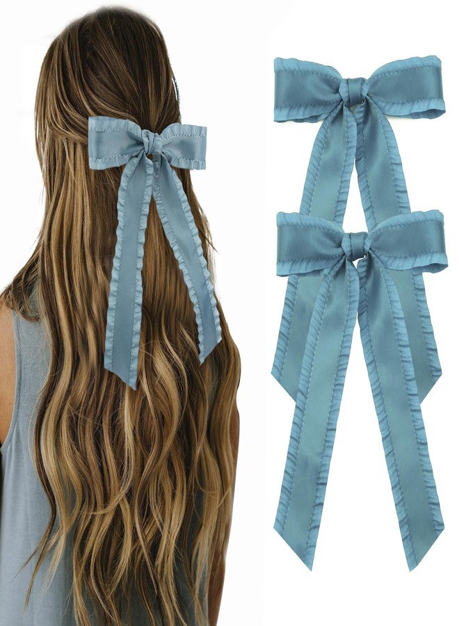 Gili 2PCS Hair Bows for Women Girls, Teal Bow for Hair Slides Metal Clips Cute Ruffled Edge Satin Ribbon Accessories for Toddlers Teens Kids - Image 1