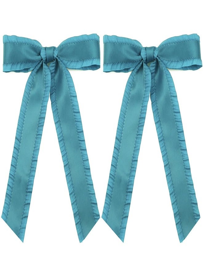 Gili 2PCS Hair Bows for Women Girls, Teal Bow for Hair Slides Metal Clips Cute Ruffled Edge Satin Ribbon Accessories for Toddlers Teens Kids - Image 2
