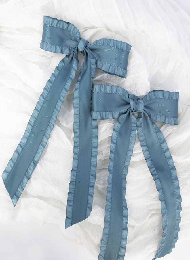 Gili 2PCS Hair Bows for Women Girls, Teal Bow for Hair Slides Metal Clips Cute Ruffled Edge Satin Ribbon Accessories for Toddlers Teens Kids - Image 3