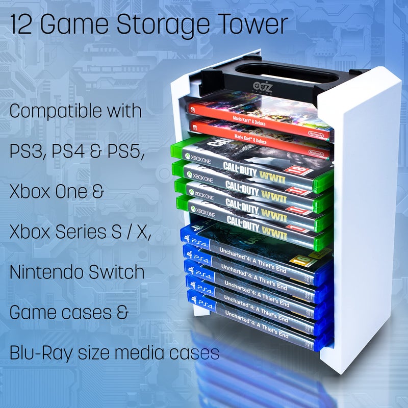 ADZ Game Storage Tower – Universal Video Game Storage – Stores 12 Game or Blu-Ray Disks – Game Holder Rack for PS4, PS5, Xbox One, Xbox Series X/S, Nintendo Switch Games and Blu-Ray Discs - Image 2