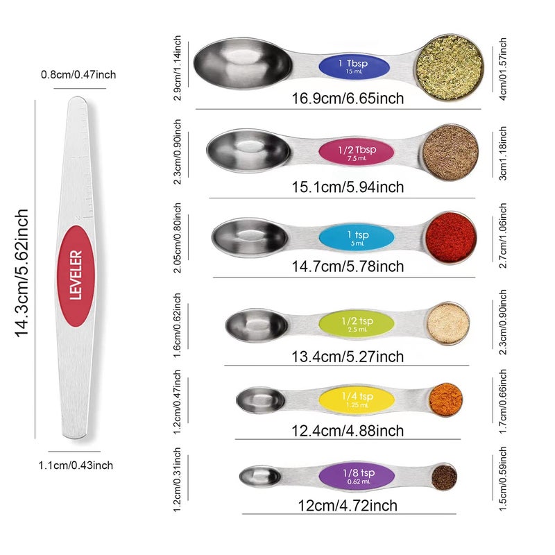 BIDFUL Multicolor Magnetic Measuring Spoons Set with Leveler - Stainless Steel, Stackable, Fits Spice Jars - For Baking Kitchen - Image 2