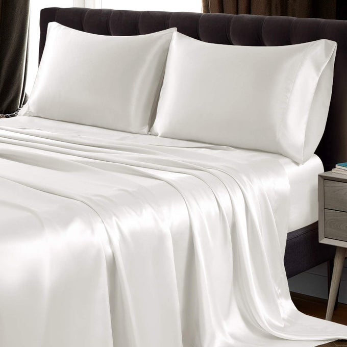 4PCS SATIN SHEET SET QUEEN SIZE ULTRA SILKY SOFT IVORY WHITE SATIN QUEEN BED SHEETS WITH DEEP POCKET 1 FITTED SHEET 1 FLAT SHEET 2 ENVELOPE CLOSURE PILLOWCASES